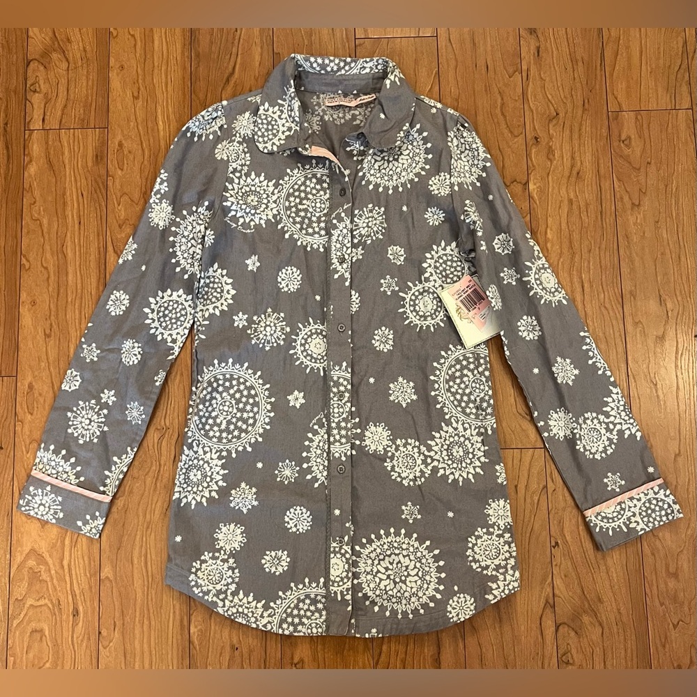 NWT JUICY COUTURE Small Grey Long Sleeve Collared Button Front Sleep Shirt